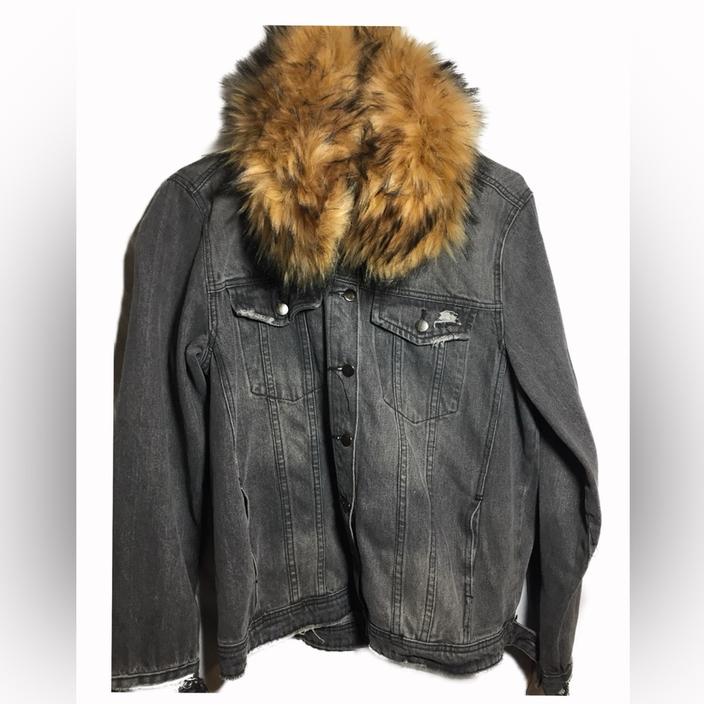 Unisex Gray Denim Jacket with Faux Fur Collar 2X